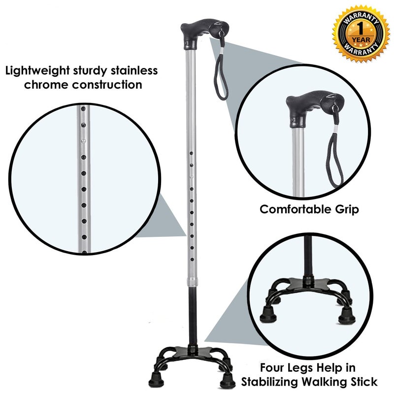 MCP Quadripod Height Adjustable Aluminium Four Legged Walking Stick for Men, Women, Old People Senior Citizens Patients Support, Trekking 4 Leg Cane Stick (Silver) - Image 2