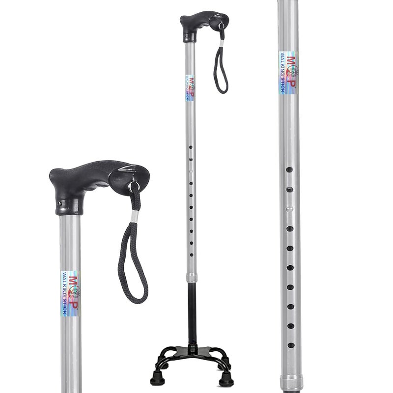 MCP Quadripod Height Adjustable Aluminium Four Legged Walking Stick for Men, Women, Old People Senior Citizens Patients Support, Trekking 4 Leg Cane Stick (Silver) - Image 1