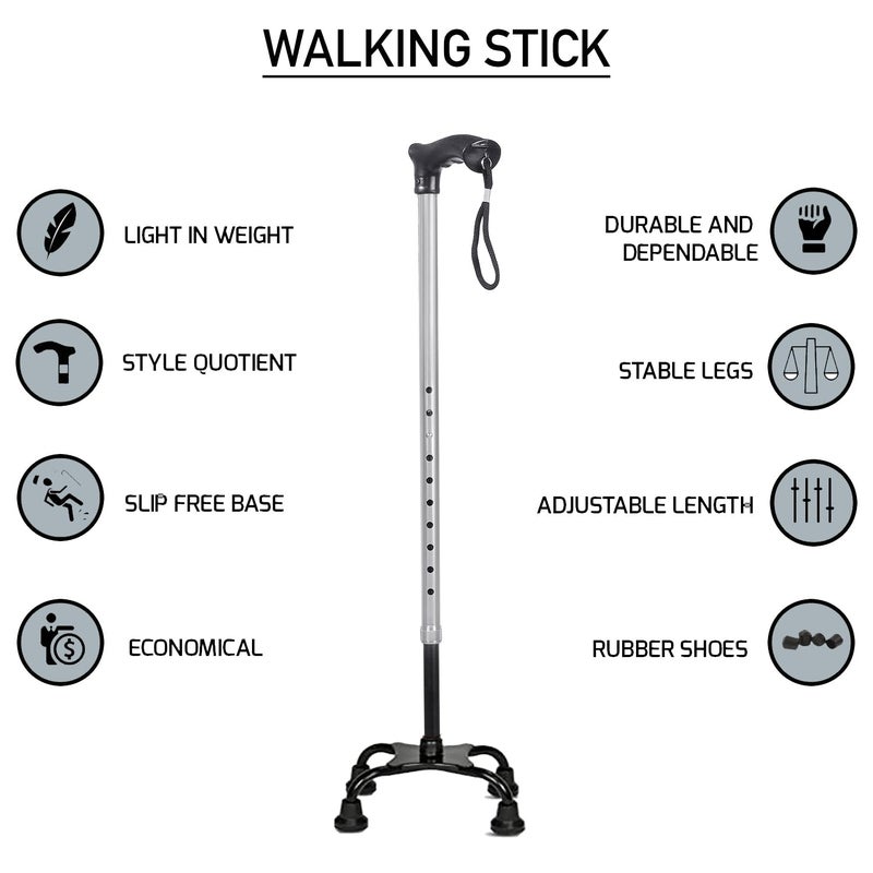 MCP Quadripod Height Adjustable Aluminium Four Legged Walking Stick for Men, Women, Old People Senior Citizens Patients Support, Trekking 4 Leg Cane Stick (Silver) - Image 4
