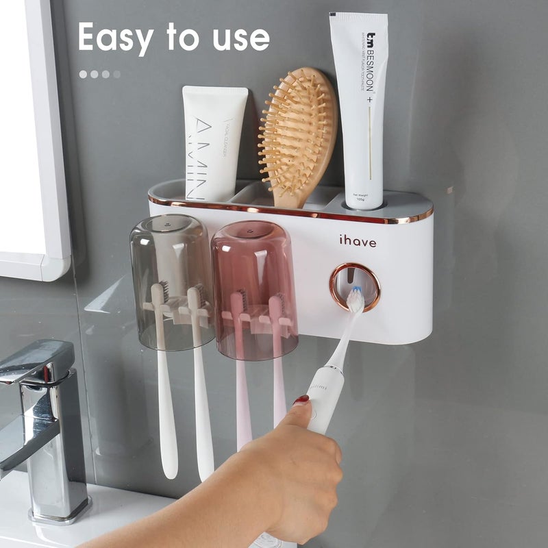 iHave Toothbrush Holders Bathroom Accessories Set with Toothpaste Dispenser, 2 Cups Toothbrush Holder Wall Mounted Bathroom Organizer, Tooth Brush Holder Modern Bathroom Decor - Image 3