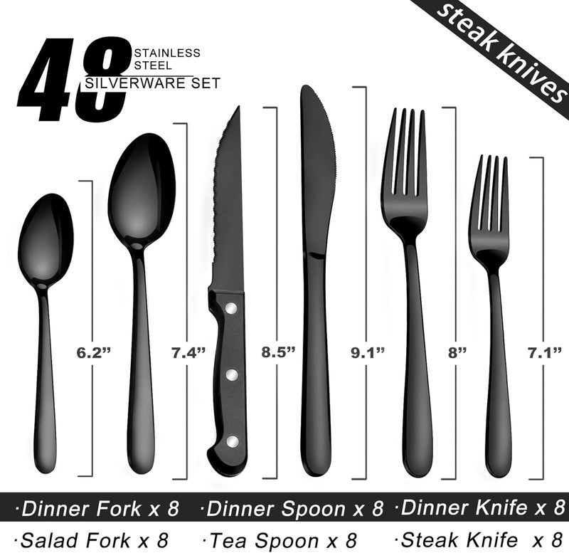 Pleafind 48Pieces Black Silverware Sets for 8 Flatware Set with Steak Knives Stainless Steel Cutlery Set Include Forks Spoons and Knives Set Dishwasher Safe Utensil Sets for Home Restaurant - Image 2