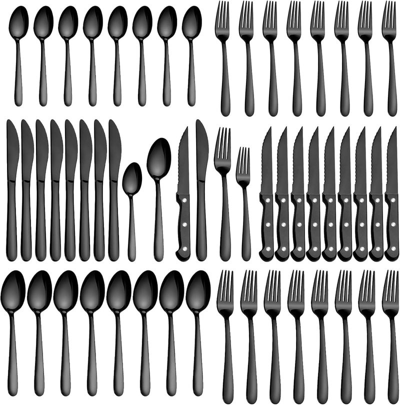 Pleafind 48Pieces Black Silverware Sets for 8 Flatware Set with Steak Knives Stainless Steel Cutlery Set Include Forks Spoons and Knives Set Dishwasher Safe Utensil Sets for Home Restaurant - Image 1