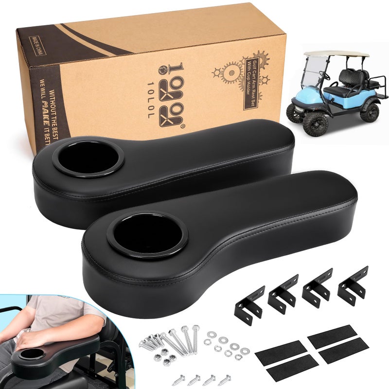10L0L Golf Cart Rear Seat Kit Arm Rest Set with Cup Holder EzGo Yamaha Drilling Required or Drilling No Required Kits Include  Black