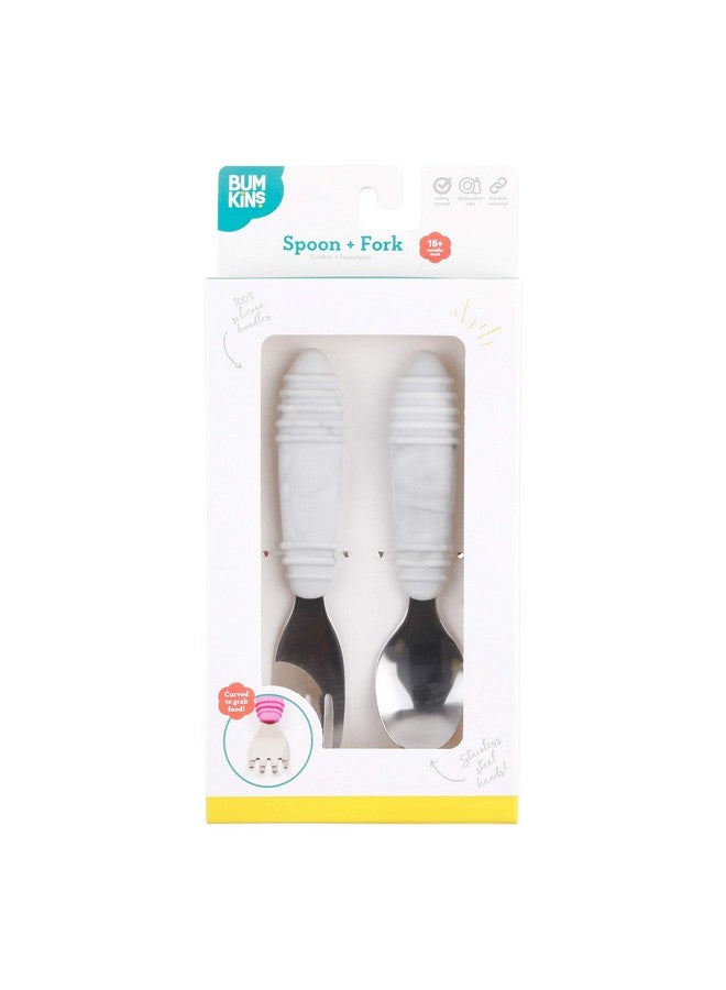 Bumkins Toddler Utensils, Kids Size Fork and Spoon Set, Silicone and Stainless-Steel Training Silverware, Angled Forks / Sporks for Self-Feeding, Children Hold Learning to Eat, 18 Months Up, Marble - Image 3