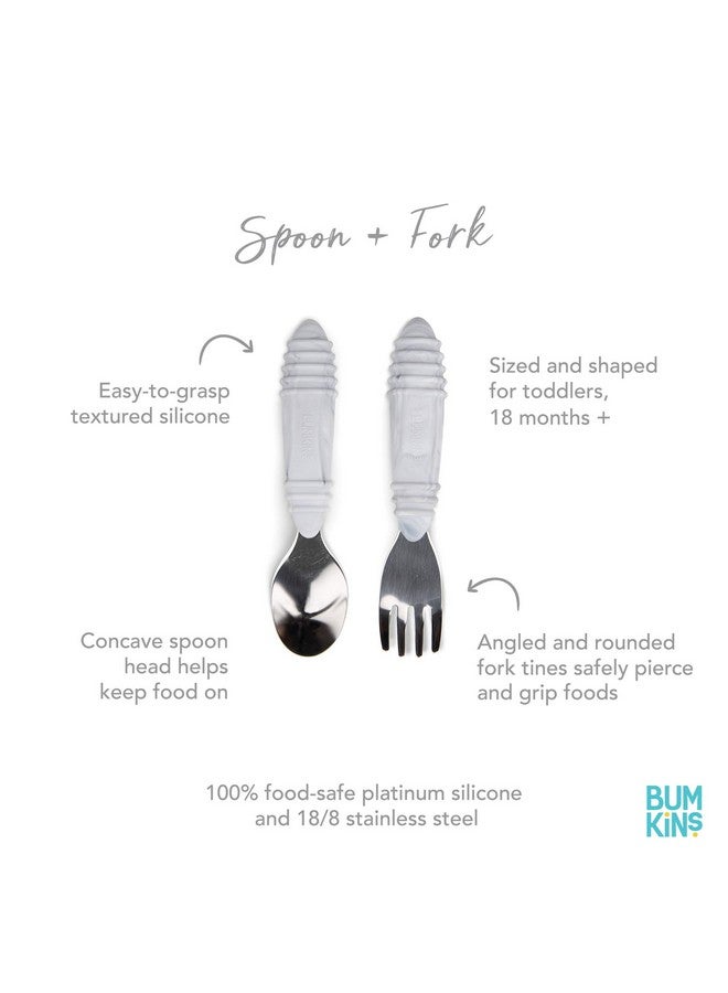 Bumkins Toddler Utensils, Kids Size Fork and Spoon Set, Silicone and Stainless-Steel Training Silverware, Angled Forks / Sporks for Self-Feeding, Children Hold Learning to Eat, 18 Months Up, Marble - Image 1