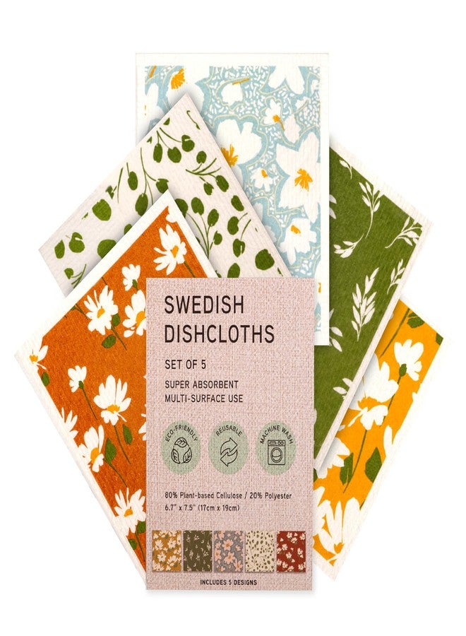 MosJos Swedish Dishcloths, Super Absorbent Multi-Surface Cleaning Cloths, Blue Floral Print, 80% Cellulose, 6.7x7.5 Inch, Set of 5 Designs - Image 1