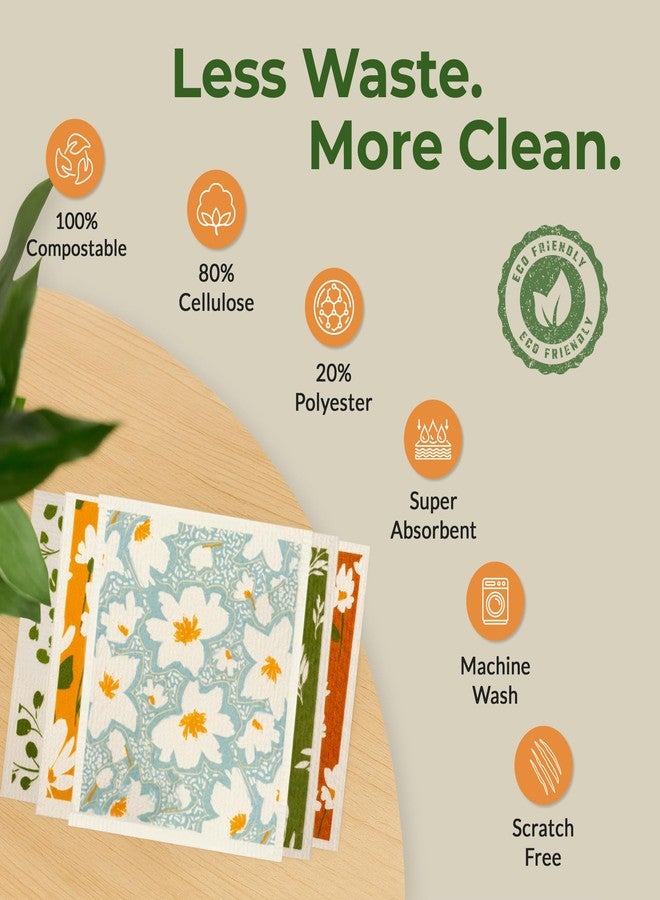MosJos Swedish Dishcloths, Super Absorbent Multi-Surface Cleaning Cloths, Blue Floral Print, 80% Cellulose, 6.7x7.5 Inch, Set of 5 Designs - Image 5