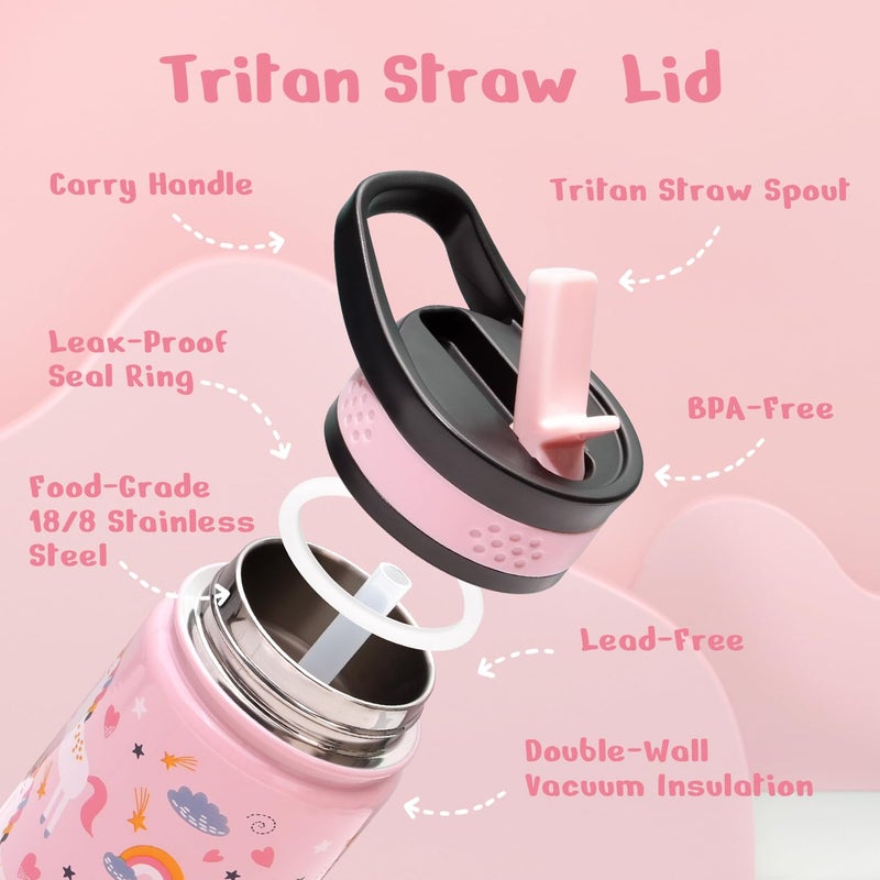 BUZIO 14oz Kids Water Bottle with Straw Lid, Insulated Toddler Water Bottle for School Stainless Steel Thermo Cup for Girls Boys Reusable Leak Proof Bpa-Free Double Walled Flask, Pink Unicorn - Image 5