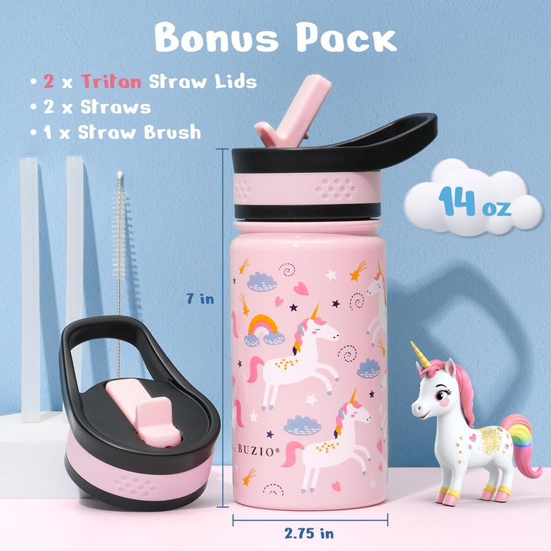 BUZIO 14oz Kids Water Bottle with Straw Lid, Insulated Toddler Water Bottle for School Stainless Steel Thermo Cup for Girls Boys Reusable Leak Proof Bpa-Free Double Walled Flask, Pink Unicorn - Image 3