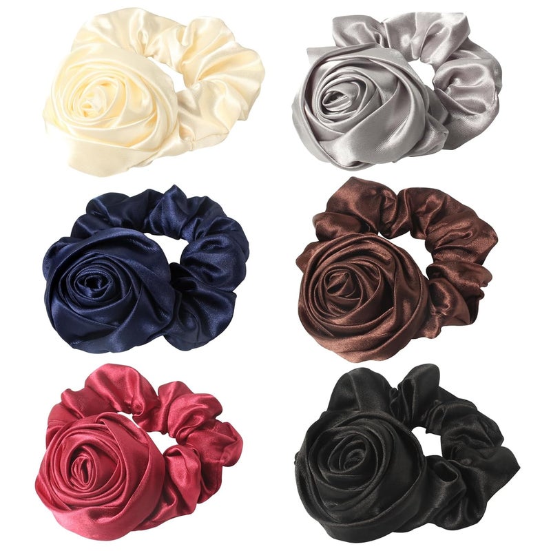 Scrunchie with Flowers Womens Rose Ponytail Holders Elastic Hair Bands and Ribbons Hair Accessories Pack of 6