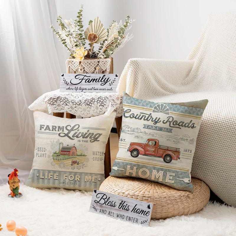 Faromily Vintage Farmhouse Animal Pillow Covers 18x18 Set of 4 Retro Farmer's Market Truck Rooster Sheep Feed Seed Premium Poultry Farm Home DÃ©cor Throw Pillow Case Cushion Cover for Sofa (18" X 18") - Image 4