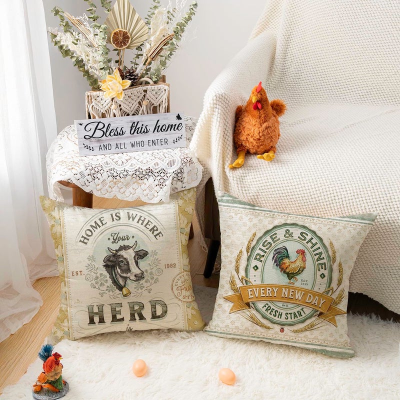 Faromily Vintage Farmhouse Animal Pillow Covers 18x18 Set of 4 Retro Farmer's Market Truck Rooster Sheep Feed Seed Premium Poultry Farm Home DÃ©cor Throw Pillow Case Cushion Cover for Sofa (18" X 18") - Image 2