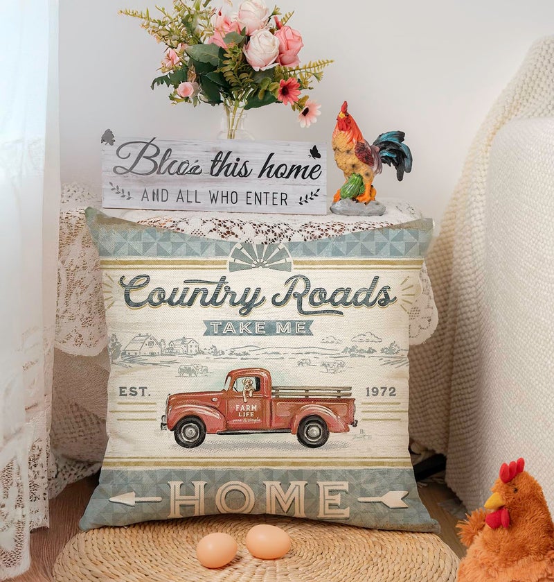 Faromily Vintage Farmhouse Animal Pillow Covers 18x18 Set of 4 Retro Farmer's Market Truck Rooster Sheep Feed Seed Premium Poultry Farm Home DÃ©cor Throw Pillow Case Cushion Cover for Sofa (18" X 18") - Image 3