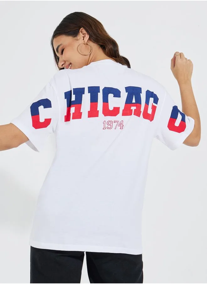 Styli Oversized Chicago Slogan T-Shirt with Dropped Shoulder