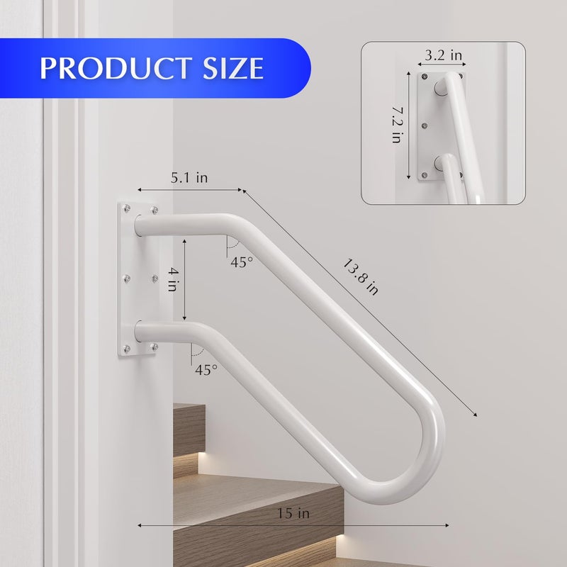 MSUMPTU Hand Rails for Outdoor 1-2 Steps, Indoor Stairs, Bathroom, Wall Mount Non-Slip U-Shape Stair Hand Railing White 1 Pack - Image 3