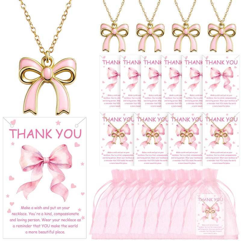 Quelay 12 Set/36 Pcs Pink Bow Party Favors Bow Necklace Valentine's Day Appreciate Gift Bulk Women Dainty Knot Ribbon Jewelry Pendant with Thank You Card and Storage Bag for Mother Sister Friends - Image 1