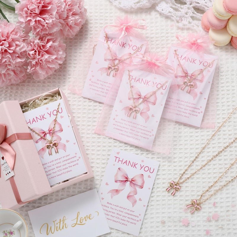 Quelay 12 Set/36 Pcs Pink Bow Party Favors Bow Necklace Valentine's Day Appreciate Gift Bulk Women Dainty Knot Ribbon Jewelry Pendant with Thank You Card and Storage Bag for Mother Sister Friends - Image 4