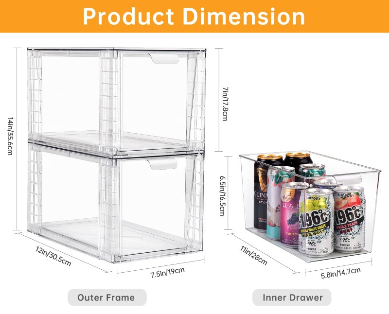 Zero Zoo 4Pack Large Stackable Kitchen Storage Drawers, Clear Foods Organizer Bins with Handles, Easily Assemble for Bathroom, Kitchen, Pantry, Cabinet, Closet(XL-UP Handle) - Image 2