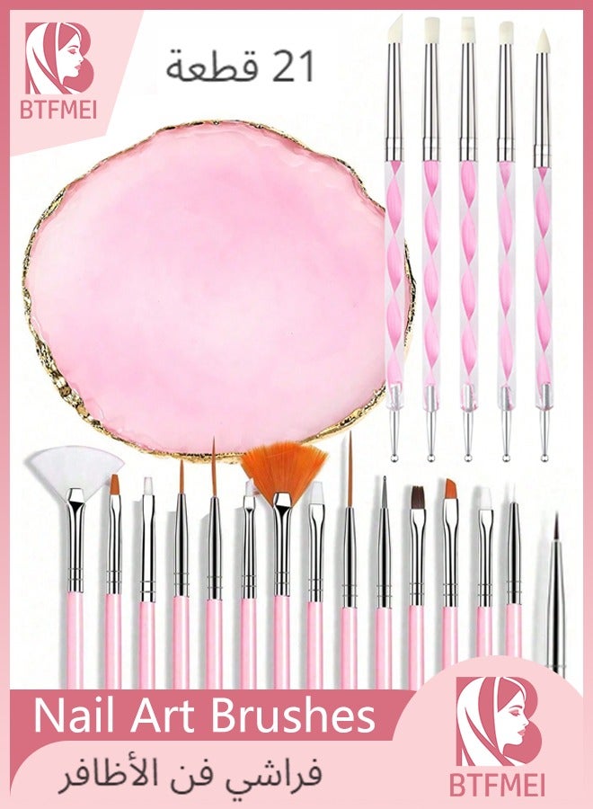 BTFMEI 20 Pcs Nail Art Brush Set with Resin Palette – Professional Nail Painting Kit with Dual End Silicone Pens, Dotting Tools & Acrylic Carving Brushes for Gel Nails, DIY Manicure for Salon & Home Use (Pink) - Image 1