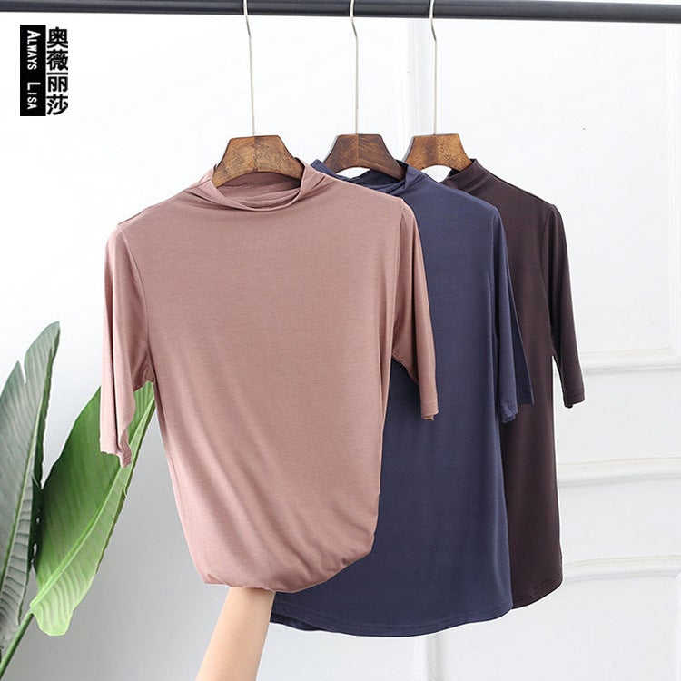 Arrival Half-High Collar Loose Slimming Modal Cotton T-Shirt Plus Size Solid Color Mid-Sleeve Base Shirt For Women - Image 2