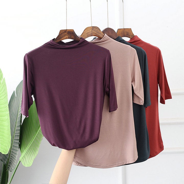 Arrival Half-High Collar Loose Slimming Modal Cotton T-Shirt Plus Size Solid Color Mid-Sleeve Base Shirt For Women - Image 1