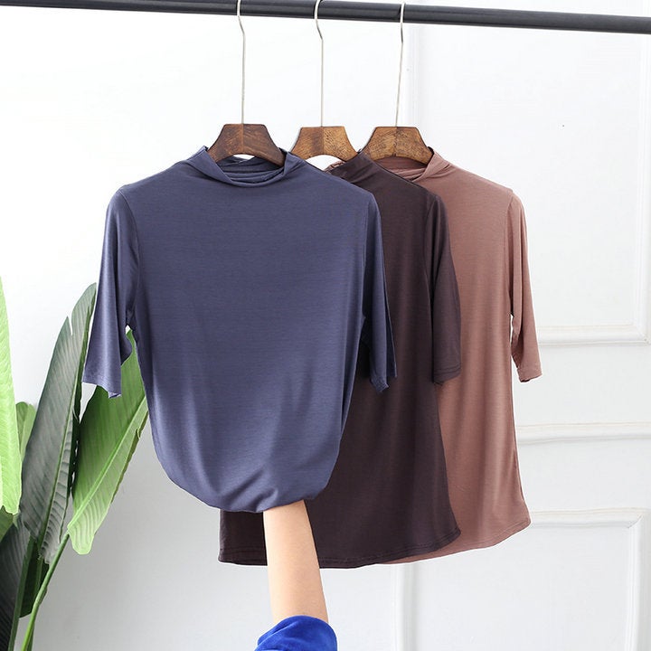 Arrival Half-High Collar Loose Slimming Modal Cotton T-Shirt Plus Size Solid Color Mid-Sleeve Base Shirt For Women - Image 4