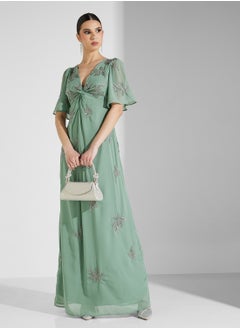 Maya Placement Beaded Knot Front Maxi Dress With Angel  - Image 1
