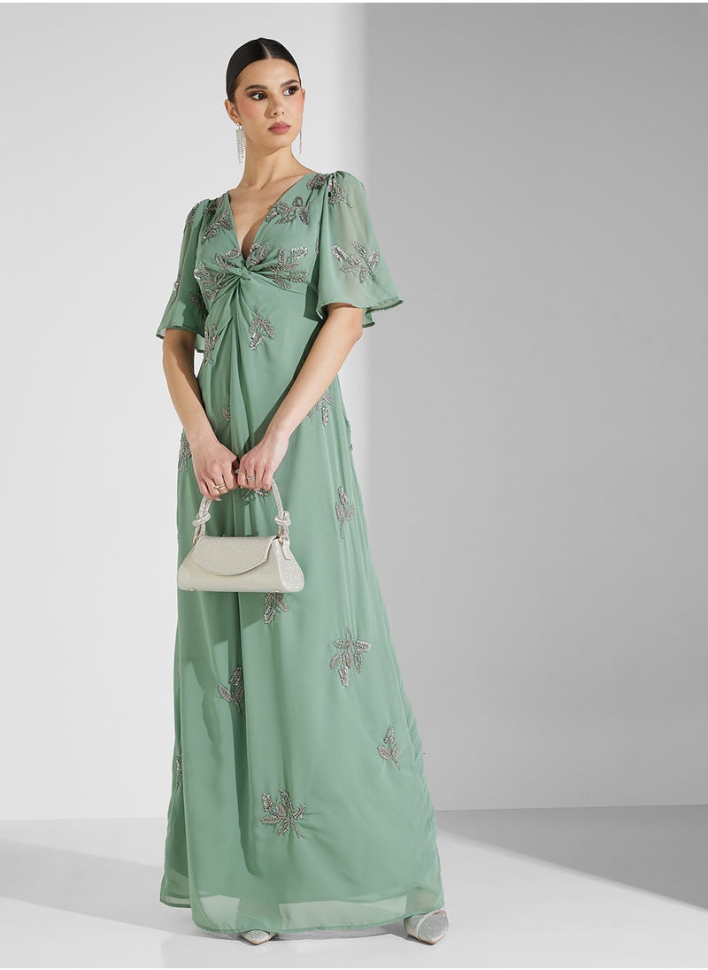 Maya Placement Beaded Knot Front Maxi Dress With Angel  - Image 1