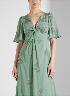 Maya Placement Beaded Knot Front Maxi Dress With Angel  - Image 3