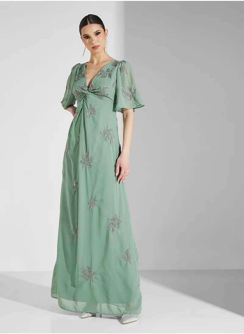 مايا Placement Beaded Knot Front Maxi Dress With Angel