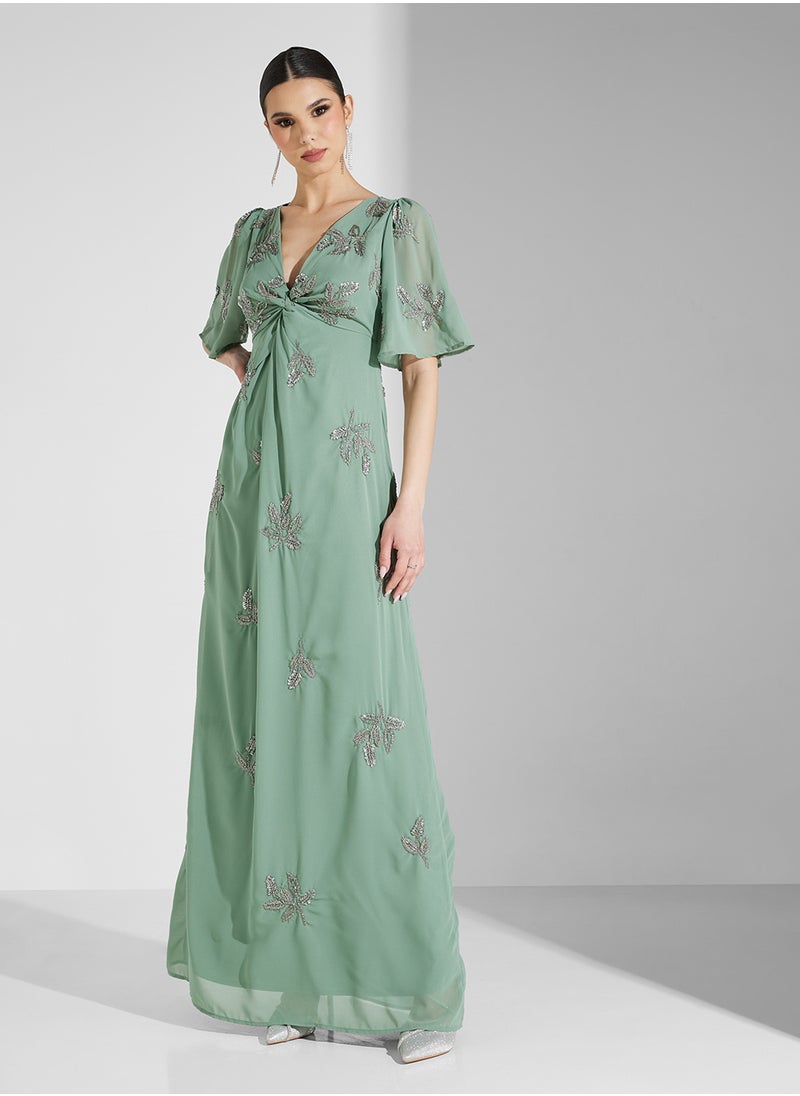 Maya Placement Beaded Knot Front Maxi Dress With Angel  - Image 4