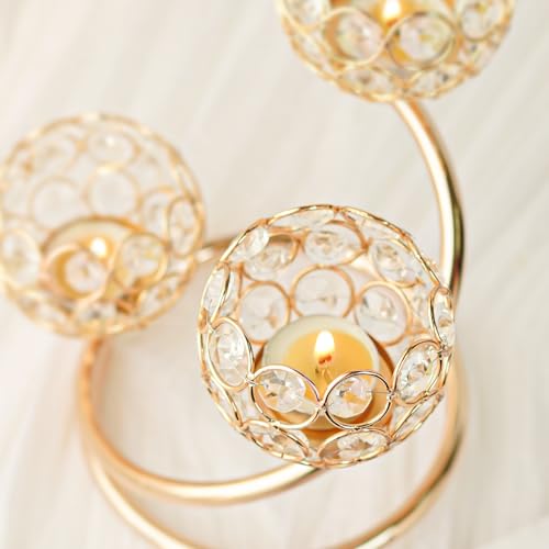 KEHAIL Gold Metal Crystal Candle Holder - Modern 3-Arm Tea Light Centerpiece with Sparkling Crystal Bowl, Elegant Table Decor for Weddings, Anniversaries, Dining & Parties - Image 4