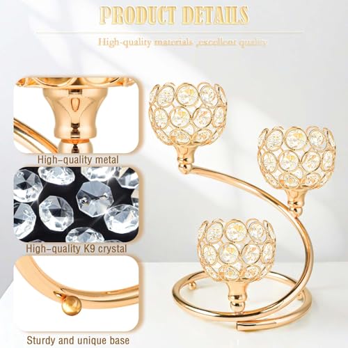 KEHAIL Gold Metal Crystal Candle Holder - Modern 3-Arm Tea Light Centerpiece with Sparkling Crystal Bowl, Elegant Table Decor for Weddings, Anniversaries, Dining & Parties - Image 2