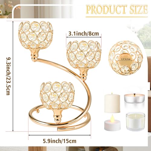KEHAIL Gold Metal Crystal Candle Holder - Modern 3-Arm Tea Light Centerpiece with Sparkling Crystal Bowl, Elegant Table Decor for Weddings, Anniversaries, Dining & Parties - Image 3