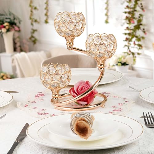 KEHAIL Gold Metal Crystal Candle Holder - Modern 3-Arm Tea Light Centerpiece with Sparkling Crystal Bowl, Elegant Table Decor for Weddings, Anniversaries, Dining & Parties - Image 5