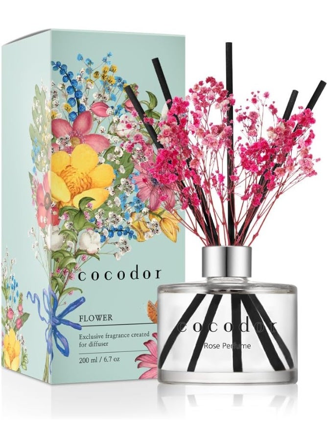 كوكودور معطّر كوكودور بعصا القصب مع زهرة طبيعية محفوظة / عطر الورد، 6.7 أونصة (200 مل)، عبوة واحدة، مجموعة معطّر بعصي البامبو، مناسب للمنزل والمكتب، وردي، أسطواني الشكل، مناسب للغرف المتوسطة إلى الكبيرة - Image 1