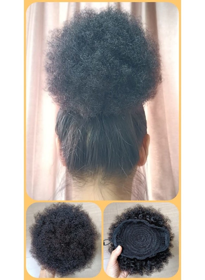 FEIPRO Afro Puff Drawstring Ponytail Human Hair Small Kinky Curly Ponytail Buns Hairpieces 8A Brazilian Virgin Hair Short Clip In Ponytails for Black Women Girls Kids 6 Inch Natural Black - Image 3