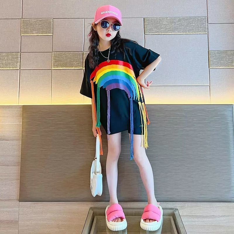 Girls Summer T-shirt Skirt Korean Style Long Skirt 2024 New Fashionable Short-sleeved Round Neck Loose Trendy Mid-length Skirt Black 