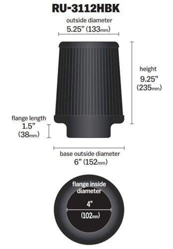 K+N KN Dryflow Lifetime Universal ClampOn Air Filter Dry Synthetic Washable OilFree Flange Diameter 4 In Filter Height 9 In Flange Length 15 In Type Dry Synthetic RU3112HBK - Image 3