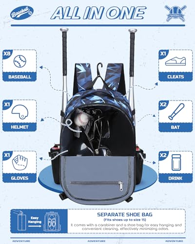 FOKDUVB Baseball Softball Backpack for Kids Boys Girls 68 812 1214 Large Youth Bat Bag for Gear Storage Baseball Softball Tball Equipment Back Pack with Separate Shoe Bag BlackBlue Geometric - Image 3