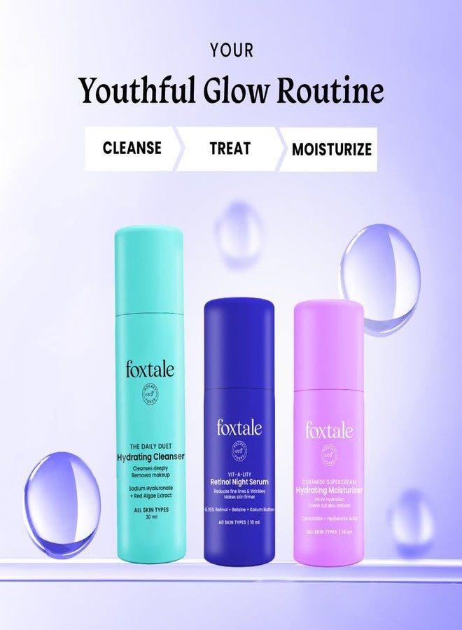 Foxtale Youthful Radiance Travel Kit | Hydrating Cleanser, Retinol Serum & Moisturizer | For Hydration & Radiance | Travel Pouch Included | Pack of 3 | Travel Friendly | Pocket Friendly | Gift for Birthday and Anniversary - Image 1