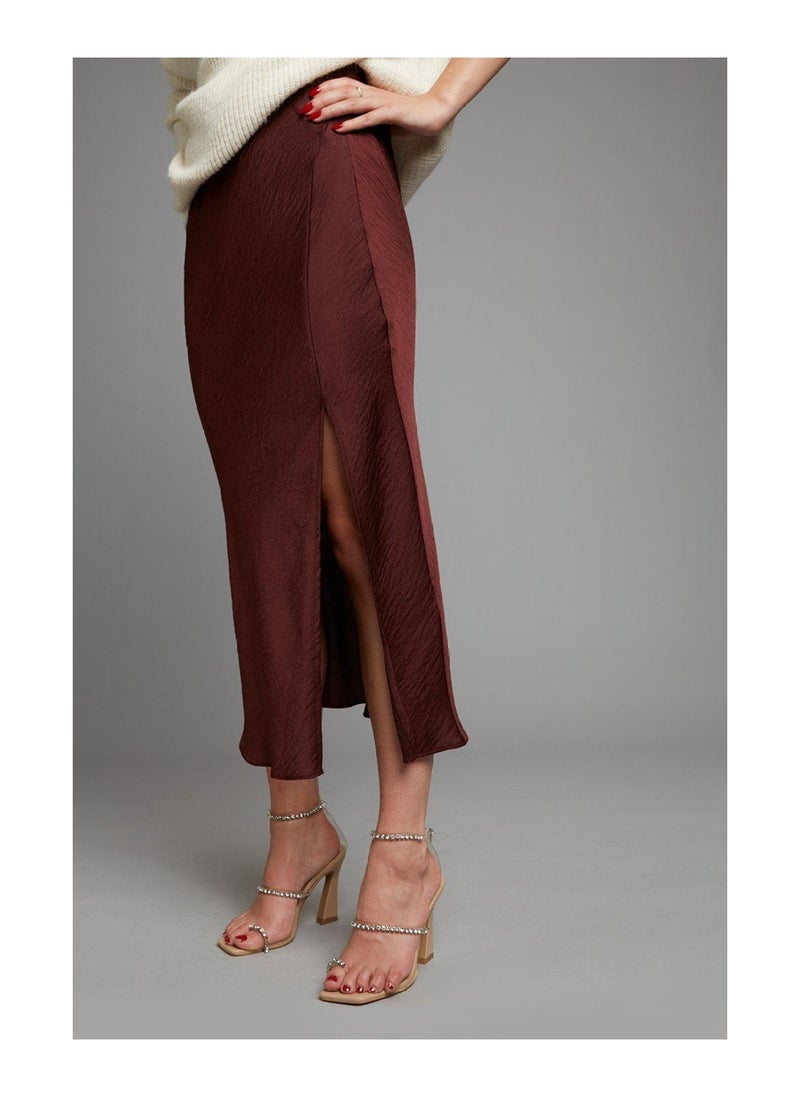 DOROTHY PERKINS - Chocolate Satin Split Midi Skirt - Image 1