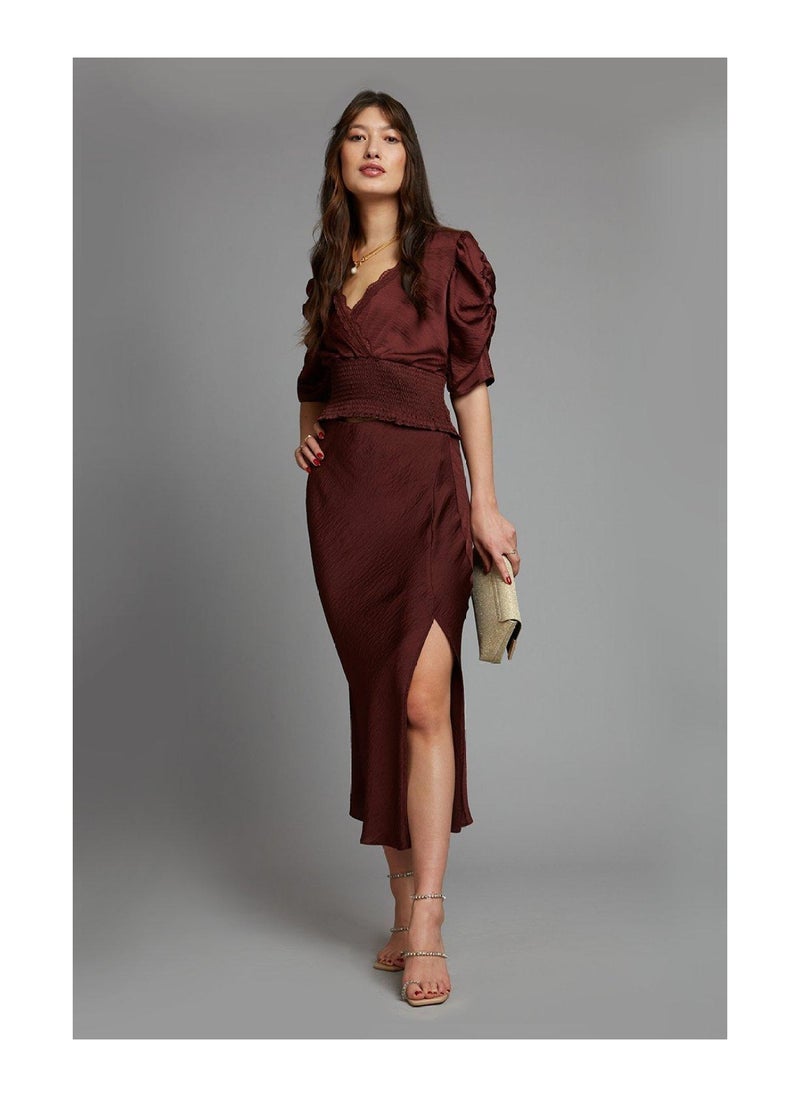 DOROTHY PERKINS - Chocolate Satin Split Midi Skirt - Image 1