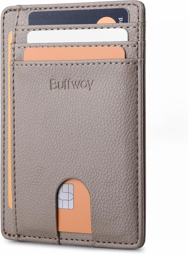 Buffway Slim Minimalist Front Pocket RFID Blocking Leather Wallets for Men and Women - Lichee Khaki - Image 1