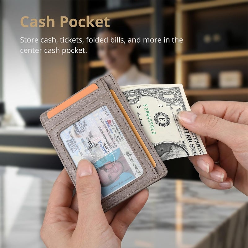 Buffway Slim Minimalist Front Pocket RFID Blocking Leather Wallets for Men and Women - Lichee Khaki - Image 5