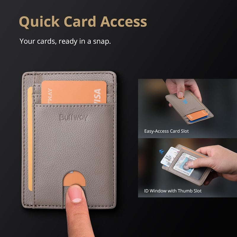 Buffway Slim Minimalist Front Pocket RFID Blocking Leather Wallets for Men and Women - Lichee Khaki - Image 3