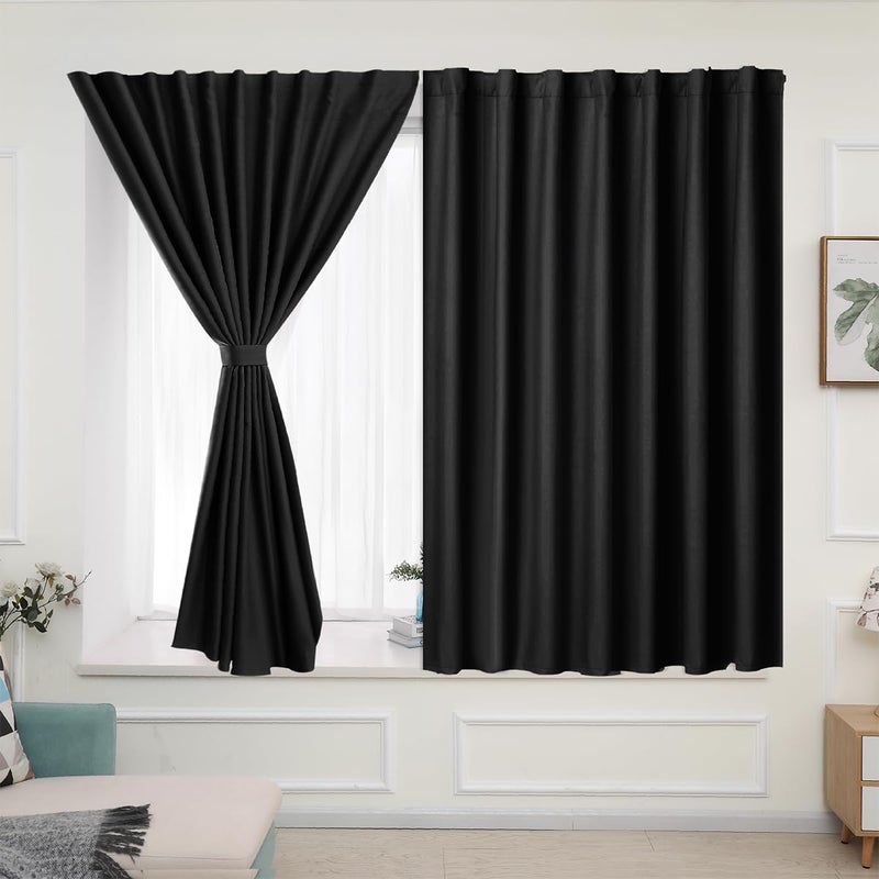 Muamar 2pcs Self Adhesive Curtains for Small Window Curtains for Bathroom Short Curtains Door Curtains for Door Window  RV Curtains Window Drapes Black 29"" W X 45"" L - Image 1