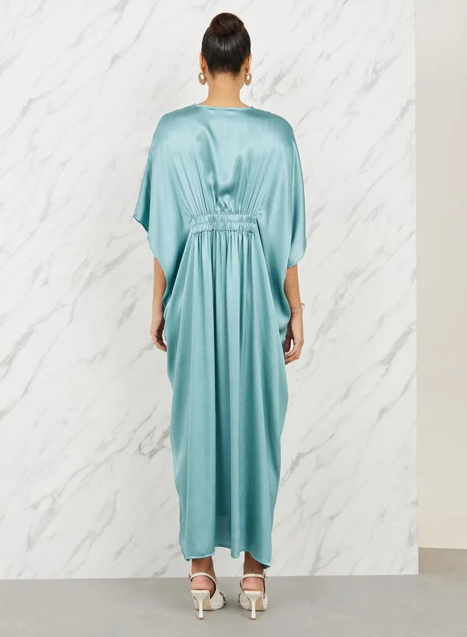 Styli Satin Embellished Waist Kaftan Maxi Dress