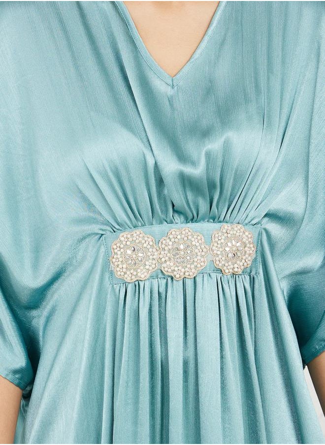 Styli - Satin Embellished Waist Kaftan Maxi Dress - Image 1