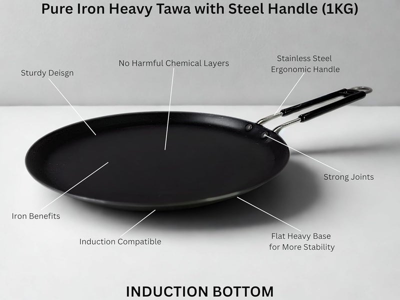 BARTN Pure Iron Heavy Induction Tawa for Roti/Chapati with Steel Handle | Premium Flat Bottom Induction Loha Tava with Health Benefits | Non-Toxic, No Chemical Layers| 10 Inch, 1.1 KG | Induction Compatible - Image 2